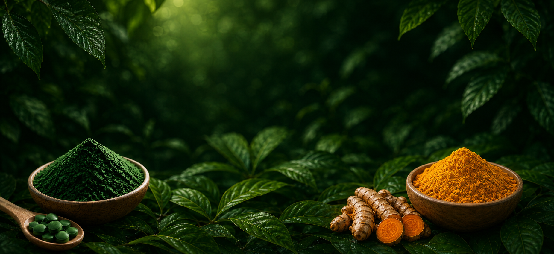 Bol de spiruline verte avec gélules et bol de curcuma orange avec racines fraîches, posés sur un lit de feuilles vertes